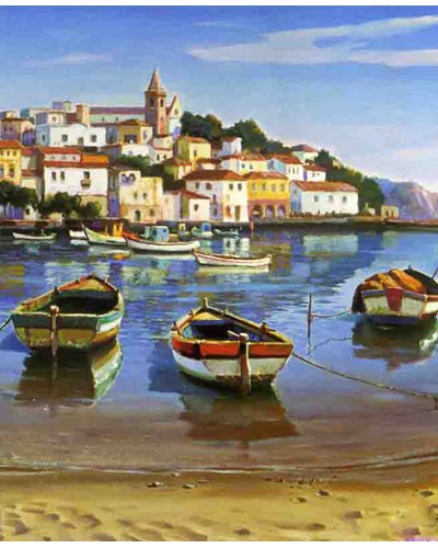ציור שמן סירות על החוף וברקע עיירה יפה